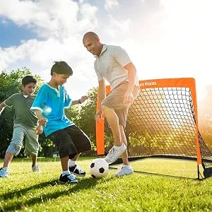Dimples Excel Soccer Goals Kids Soccer Net for Backyard 4'x3', 2 Set - dad play soccer with boy
