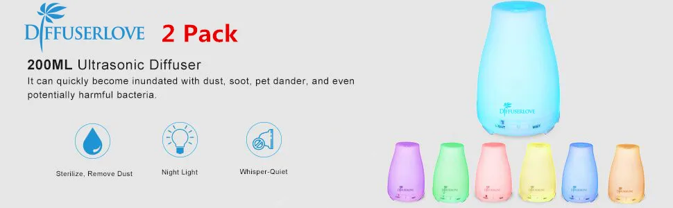 Diffuserlove 2 Pack 200ml Essential Oil Diffuser Ultrasonic Aromatherapy Diffuser Cool Mist Humidifiers with 7 Color LED Lights & Waterless Auto Shut-Off for Home Office Kitchen Bedroom. - product information 2