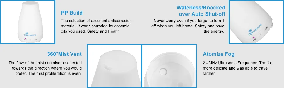 Diffuserlove 2 Pack 200ml Essential Oil Diffuser Ultrasonic Aromatherapy Diffuser Cool Mist Humidifiers with 7 Color LED Lights & Waterless Auto Shut-Off for Home Office Kitchen Bedroom. - product information 5