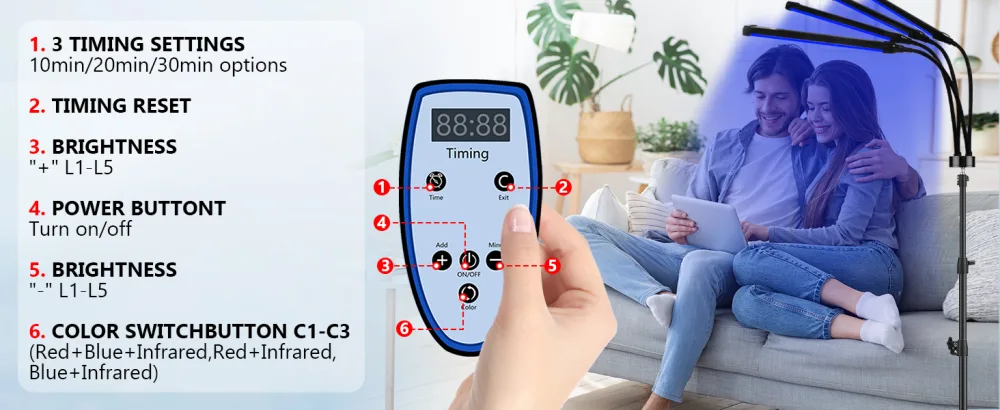 Red Light Lamp 180LEDs Blue Light & Infrared Light with Stand Height Adjustable & Angle Adjustable & Timer Red/Infrared/Blue Light for Home/Office Use - red and blue light lamp
