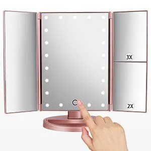 deweisn Tri-Fold Lighted Vanity Mirror with 21 LED Lights, Touch Screen and 3X/2X/1X Magnification, Two Power Supply Modes Make Up Mirror,Travel Mirror Rose Gold - product information 2