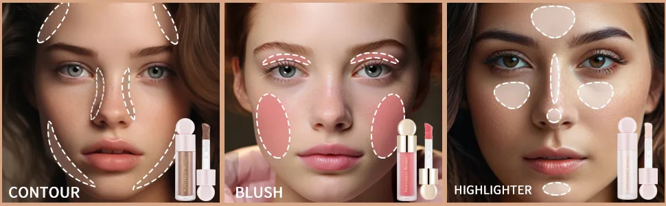 Liquid Contour Liquid Highlighter Liquid Blush with Face Brush Long Lasting Smooth Lightweight Smudge Proof Contour+Blush+ Highlighter 2#+4#+7# - product information 2