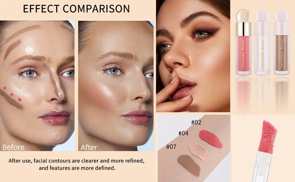 Liquid Contour Liquid Highlighter Liquid Blush with Face Brush Long Lasting Smooth Lightweight Smudge Proof Contour+Blush+ Highlighter 2#+4#+7# - product information 3