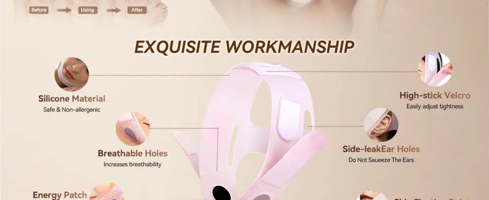 JUSRON V Line Face Tape with Soft Silicone - Chin Tape Strap for Women and Men (Pink) - makeup bag with mirror
