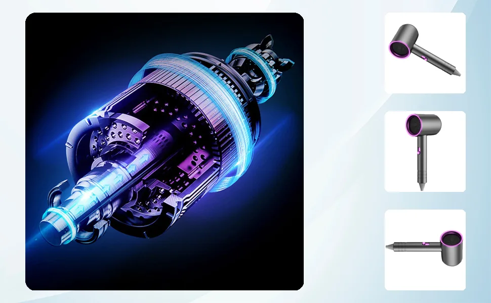 Hair Drier Mute 360 Degree Rotatable Nozzle Fast Drying ABS PP Portable Blow Dryer for Home Salon Grey With Blue Light - 3113220245912-1