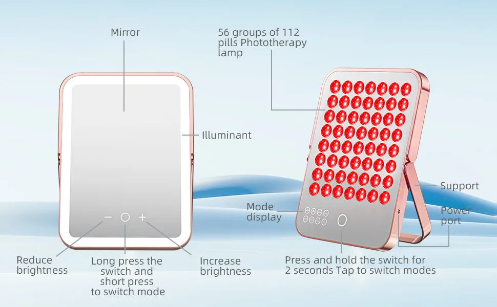 Red Light Devices 112LEDs 460/590/660/940nm Infrared Light Panel with Timer and Stand 3" Irradiance 140mW/cm Unique Mirror Design for Home/Work Red Light Lamp - Red light