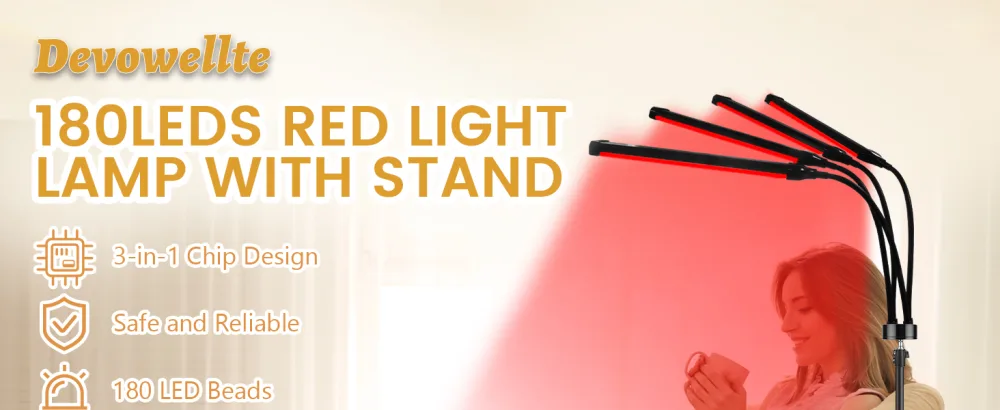 Devowellte Red Light Lamp 180LEDs Near Infrared Light Lamp with Stand Adjustable Angle & Brightness & Height Red Lamp at Home and Office - 180LEDs Red Light Lamp with Stand