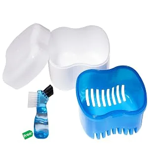 Denture Case,Denture Brush Retainer Case,Denture Cups Bath,Dentures Container with Basket Denture Holder for Travel,Retainer Cleaning Case (Blue) - Denture Case