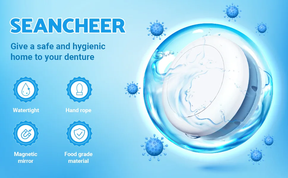 Denture Bath Case, Denture Cup, Leak Proof Portable Retainer Case, Denture Cleaning Kit with Cleaner Brush Carabiner, Denture Box with Strainer & Mirror, Denture Case for Aligner Retainer Mouth Guard White - First page