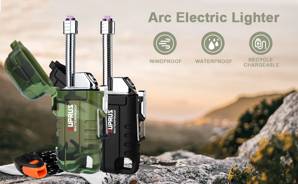 SUPRUS Waterproof Lighter Windproof Lighter Arc Plasma Lighters USB-C Rechargeable with Expandable and Flexible Neck for Outdoor(Camouflage) - lighter