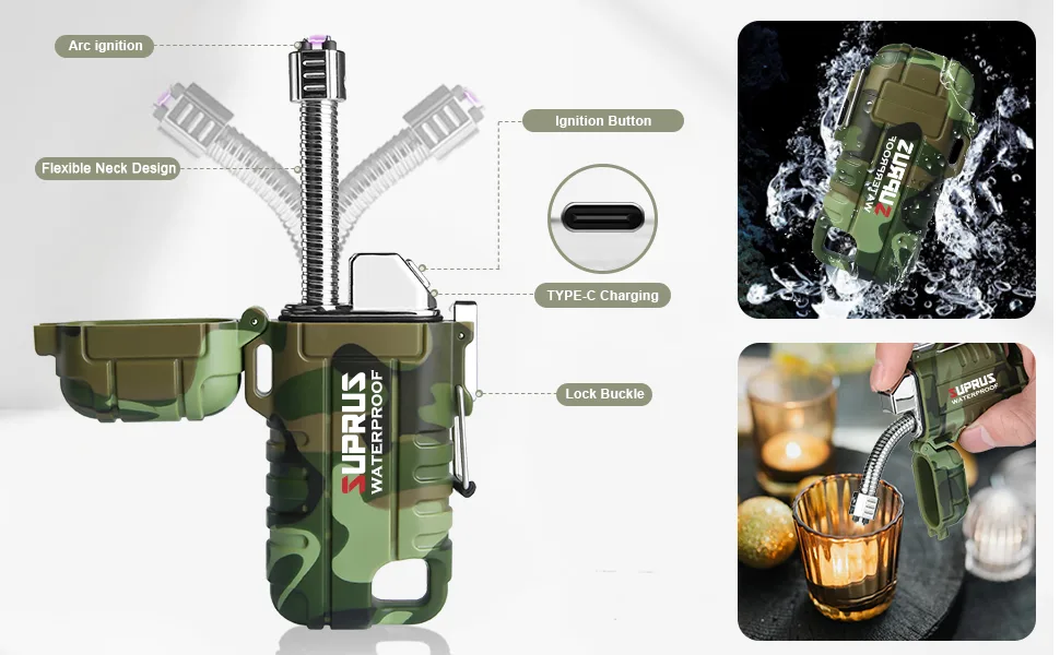 SUPRUS Waterproof Lighter Windproof Lighter Arc Plasma Lighters USB-C Rechargeable with Expandable and Flexible Neck for Outdoor(Camouflage) - lighter