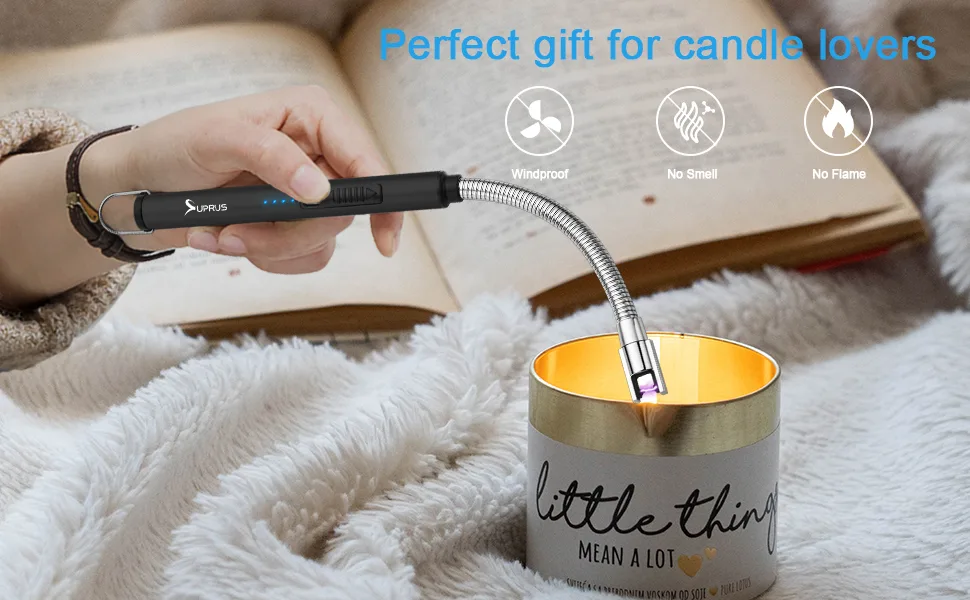 Candle Lighter SUPRUS Rechargeable Electric Arc Lighter Triple Safety Long Lighter Stainless Steel Shell & Hanging Hook with 360 Flexible Neck Black - lighter