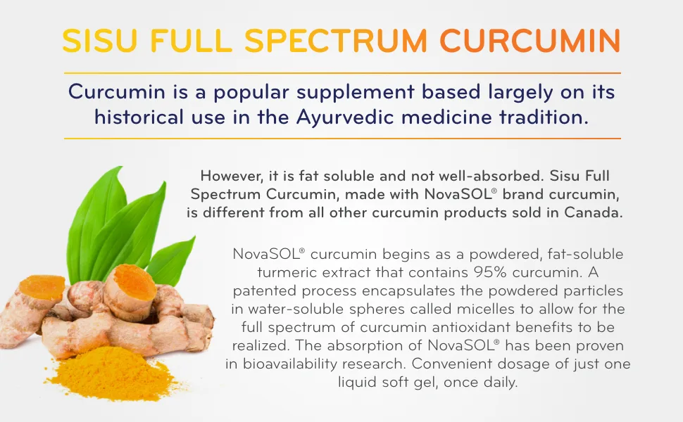 Sisu Full Spectrum Curcumin 60 Liquid Softgels - Water Soluble Antioxidant with NovaSOL - Bioavailable Antioxidant Support - Non-GMO - Corn Gluten & Dairy Free - 60 Servings - sisu