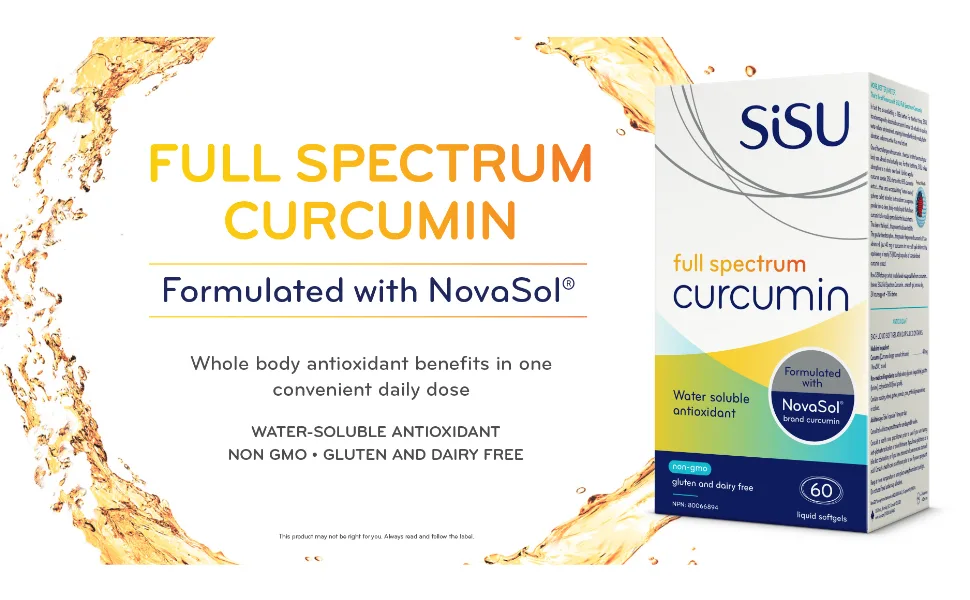 Sisu Full Spectrum Curcumin 60 Liquid Softgels - Water Soluble Antioxidant with NovaSOL - Bioavailable Antioxidant Support - Non-GMO - Corn Gluten & Dairy Free - 60 Servings - Sisu