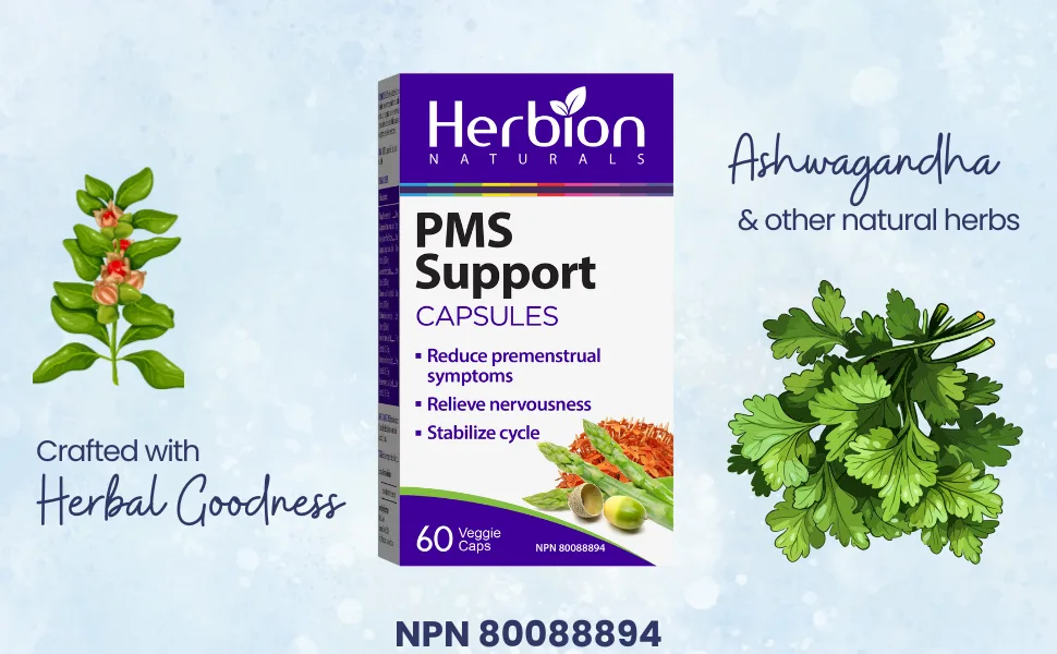 Herbion Naturals PMS Support help Reduce Premenstrual Symptoms Relieve Nervousness Stabilize Cycle - Herbal Formula - Menopause Symptom Relief Hormone Normalizer - 60 Veggie Caps - Herbion Naturals PMS Support Capsule Reduce Premenstrual symptoms nervousness stress relief herbal