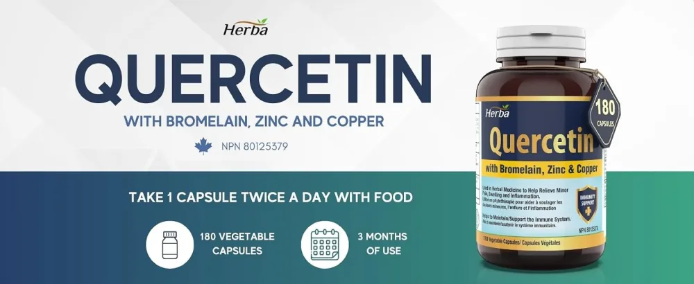 Herba Quercetin with Bromelain Zinc and Copper 180 Capsules | Quercetin Supplement for Immune Support | Help Relieve Swelling and Inflammation | Made in Canada - Quercetin main image desktop