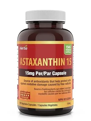 Herba Astaxanthin Supplement 15mg 60 Vegetable Capsules | Made with Non-GMO Micro-algae | Source of Antioxidant | Made and Third Party Tested in Canada - astaxanthin