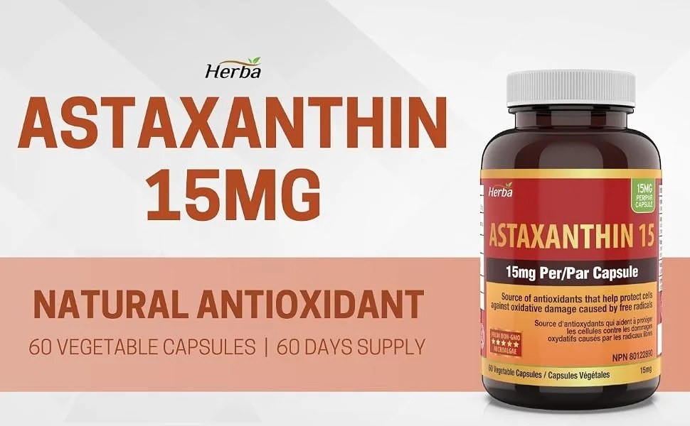 Herba Astaxanthin Supplement 15mg 60 Vegetable Capsules | Made with Non-GMO Micro-algae | Source of Antioxidant | Made and Third Party Tested in Canada - astaxanthin dry powder capsules