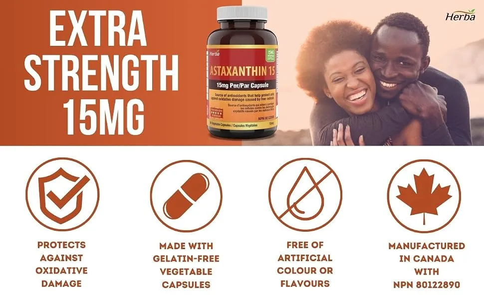 Herba Astaxanthin Supplement 15mg 60 Vegetable Capsules | Made with Non-GMO Micro-algae | Source of Antioxidant | Made and Third Party Tested in Canada - astaxanthin features
