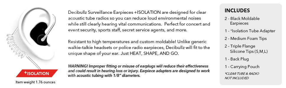 Decibullz Custom Molded Security Radio Surveillance Earpiece Set, Thermo-Fit Designed for Clear Acoustic Tube Radios, Isolation - Decibullz surveillance Earpieces + isolation