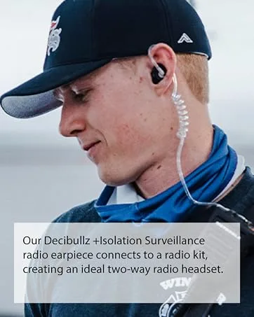 Decibullz Custom Molded Security Radio Surveillance Earpiece Set, Thermo-Fit Designed for Clear Acoustic Tube Radios, Isolation - Man wearing our +Isolation Surveillance radio earpiece connected to a radio kit as a 2-way headset.