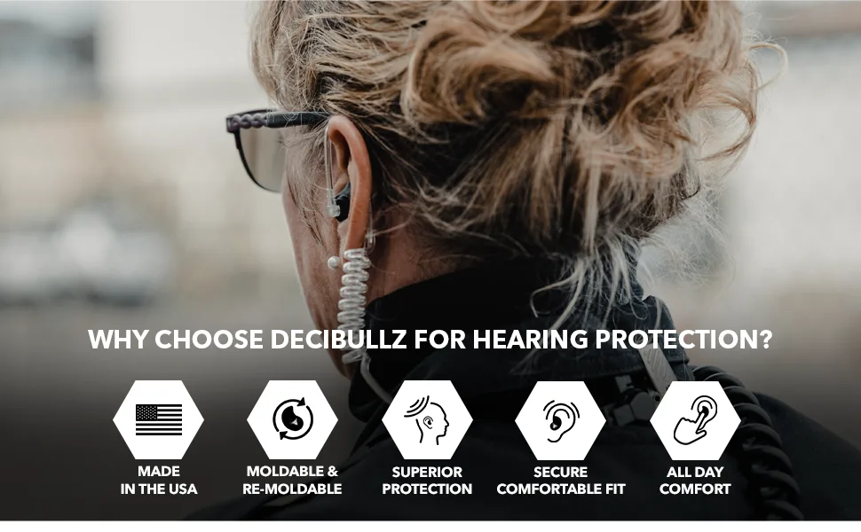 Decibullz Custom Molded Security Radio Surveillance Earpiece Set, Thermo-Fit Designed for Clear Acoustic Tube Radios, Isolation - Why Choose Decubullz for hearing protection?