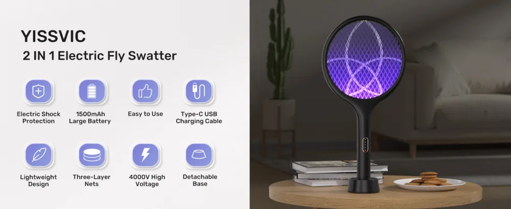YISSVIC Bug Zapper Racket 4000 Volt Electric Fly Swatter Fly Zapper Dual Modes with Attractant Light Rechargeable Black - product information 1