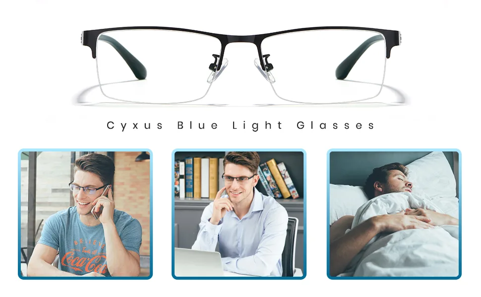 Cyxus Blue Light Glasses for Men Semi Rim Glasses Crystal Lens Rimless Glasses Computer Glasses UV Blocking Gaming Eyeglasses 02 - Tr90 Black Frame - blue light glasses for men