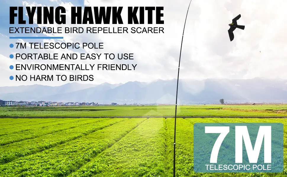 Bird Repeller Extendable Bird Repellent Scarer Flying Eagle Kite Shape with Telescopic Pole for Home Outdoor Garden Farm (7M) - Bird Repeller