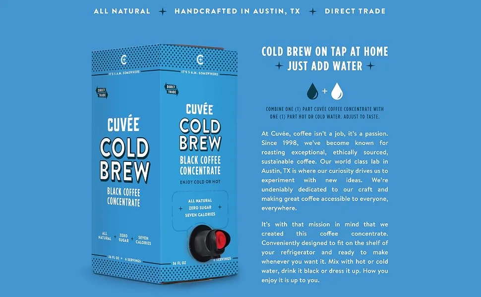 Cuve Coffee - Cold Brew Concentrate 36 oz/ 12 servings, Concentrated Coffee, Boxed Cold Brew Coffee on Tap, Black, Unsweetened, Direct Trade Coffee, and Ethically Sourced - cold brew concentrate