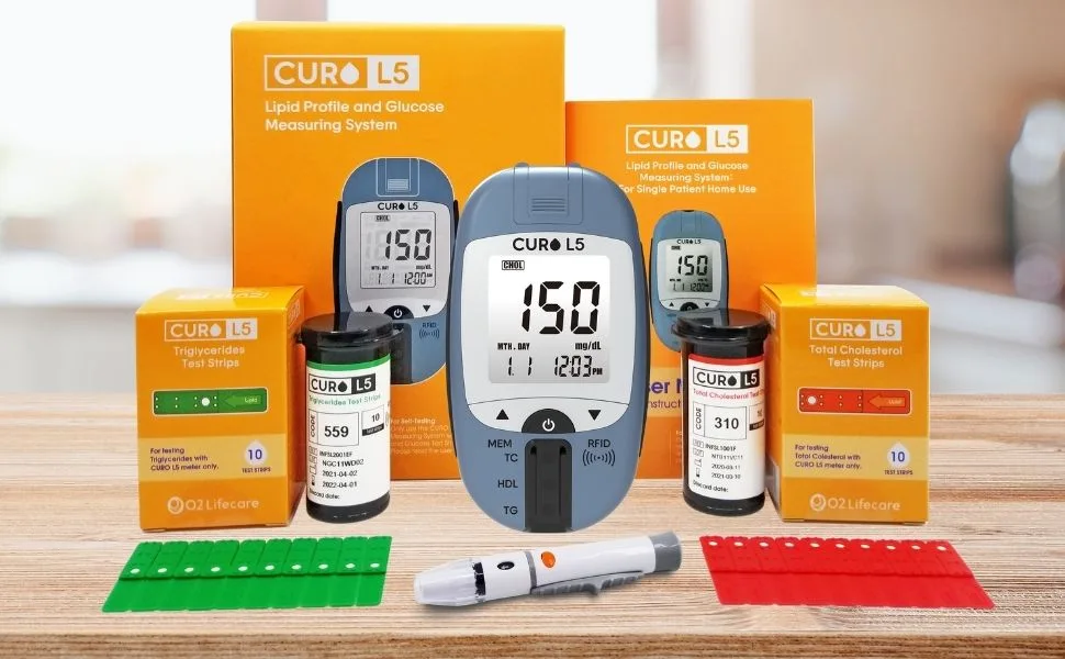 CUROfit Home Blood Cholesterol Test Kit - CURO L5 Digital Meter - (10 Total Cholesterol Strips & 10 Triglycerides Test Strips Included) - Curo L5 package