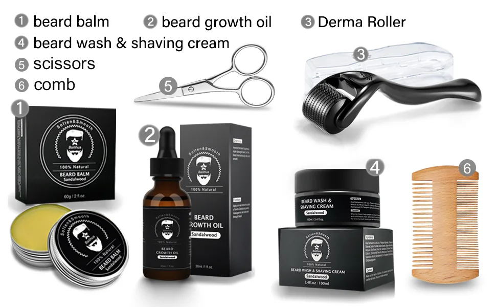 Beard Grooming Kit Beard Growth Care Kit for Beard Rapid Growth and Density Beard Growth Activator Serum &Beard Balm &Beard Cleanse Beard Comb &Scissor for Men Sandalwood Scent - beard growth kit