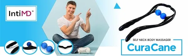 CuraCane Handheld Neck Massager by IntiMD | rigger Point Occipital Massage Stick Tool with Balls for Self Muscle Deep Tissue Massage, Relaxation, Tension Relief  Lightweight - neck body trigger point massage deep tissue press release shiatsu Myofascial pain relief knot muscle