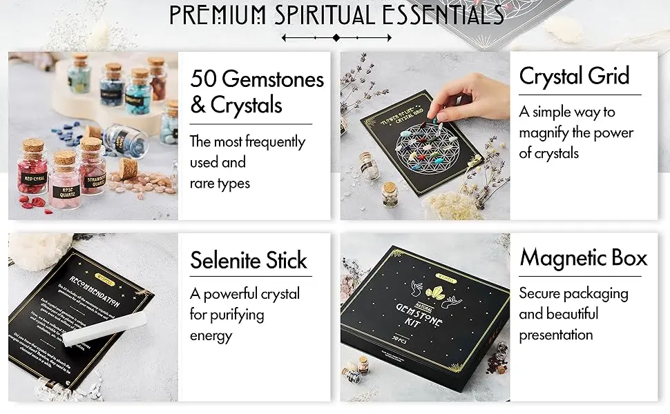 Crystals for Witchcraft 50 PCS - Bulk Crystals and Healing Stones - Crystal Sets for Witchcraft Supplies - Real Mini Crystals for Spell Jars - Real Crystal Witch Healing Crystals for Beginners Set - witches tumbled wiccan gemstones supplies kit spells gems gemstone gift stone decor woman set
