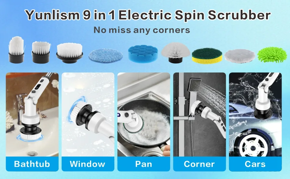 Yunlism Electric Spin Scrubber 2024 Upgraded Electric Scrubber for Cleaning with 9 Replaceable Brush Heads 3 Adjustable Speeds Electric Scrubber - product information 5
