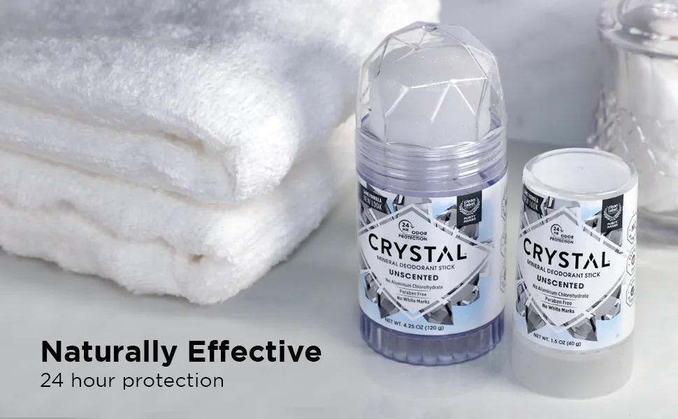 CRYSTAL Unscented Mineral Deodorant Stick - 24hr Odor Protection, Non-Staining & Non-Sticky, Aluminum & Paraben Free, 4.25 oz - Naturally Effective