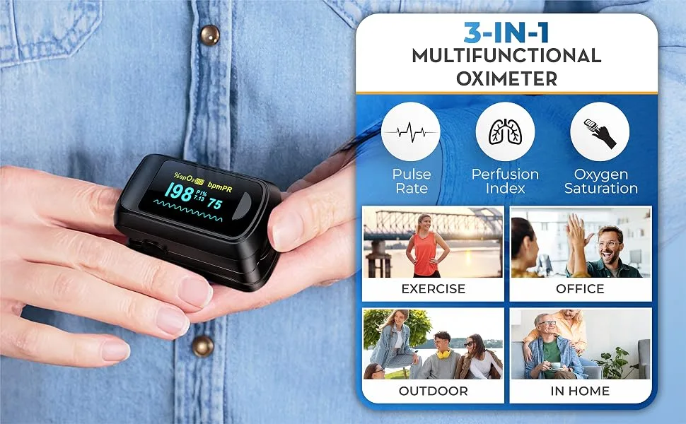 BEC PULSE OXIMETER - Includes 2x AAA lanyard and user manual. For Adults and Children - Multifunctional Offering Unprecidented Versatility