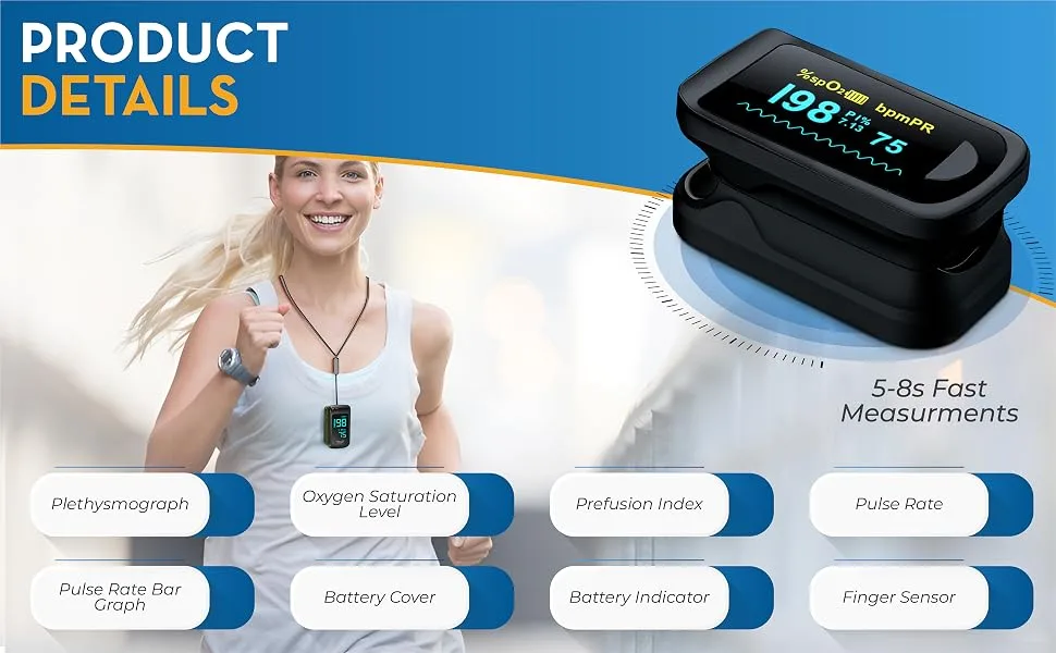 BEC PULSE OXIMETER - Includes 2x AAA lanyard and user manual. For Adults and Children - Provides 3 different modes and 8 different functions