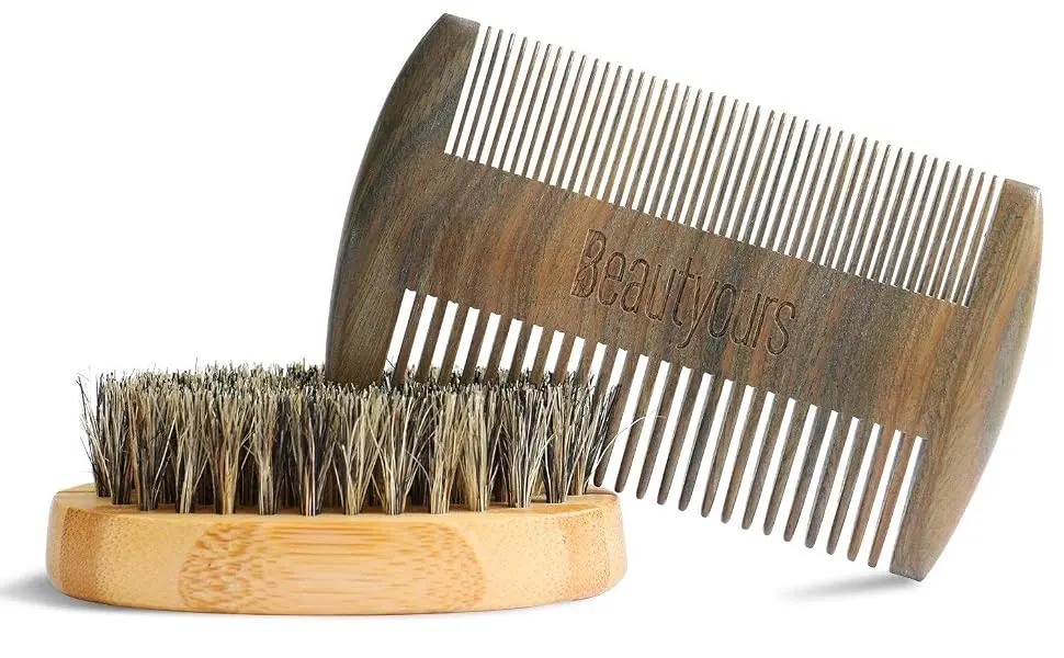 Beard Comb & Beard Brush Kit for Men - Handmade Sandwood Comb and Natural Boar Bristle Beard Brush Set for Beard & Mustache Shaping - Beard Comb & Beard Brush Kit for men