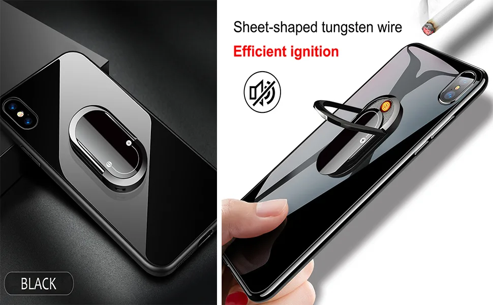 Electric Lighter USB Rechargeable Mini Small Windproof USB Heating Wire Lighter with 360 Degree Mobile Phone Ring Holder for iPhone Samsung Huawei Xiaomi (Black) - Electric Lighter USB Rechargeable Windproof USB Heating Lighter with 360 Degree Mobile Phone Holder