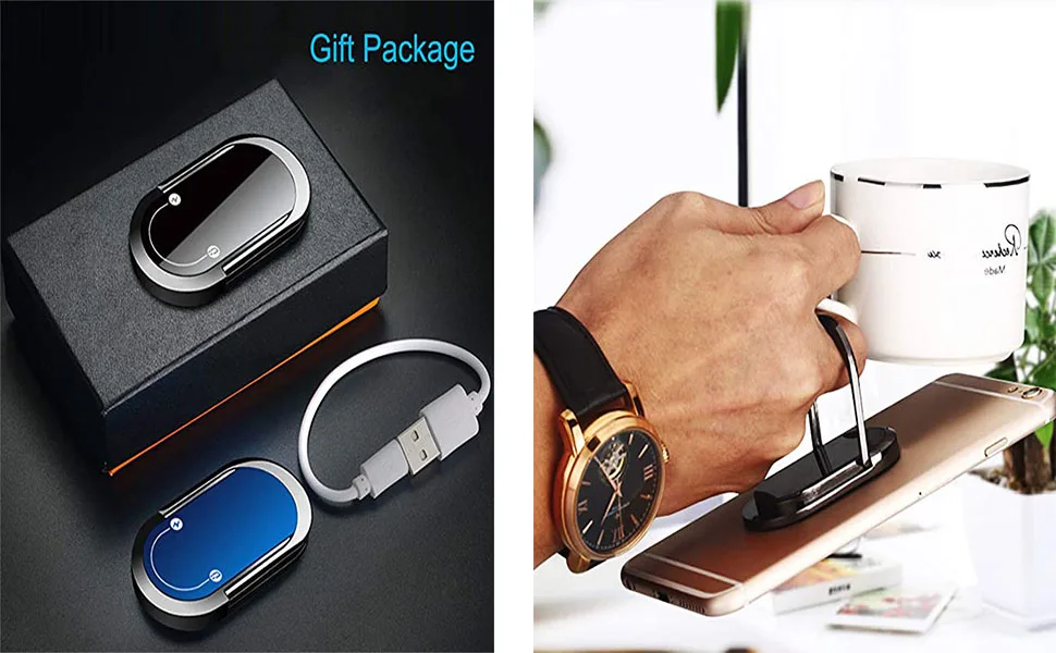 Electric Lighter USB Rechargeable Mini Small Windproof USB Heating Wire Lighter with 360 Degree Mobile Phone Ring Holder for iPhone Samsung Huawei Xiaomi (Black) - Mobile Phone Ring Holder, The lighter