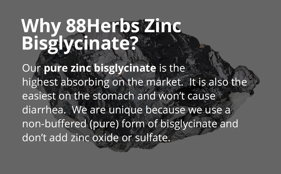 Zinc Bisglycinate Highest Absorption Non Buffered Premium Grade - 90 Veg Caps 25 mg (Elemental Zinc) - 88herbs non buffered zinc glycinate 125mg