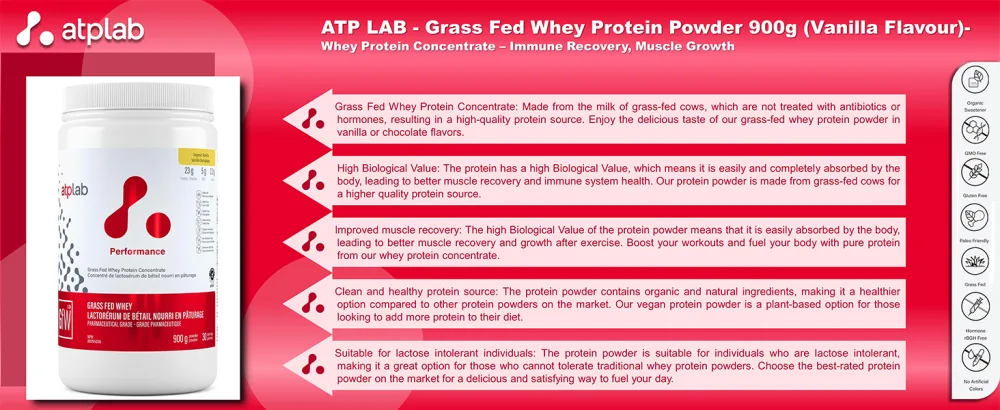 ATP LAB - Grass Fed Whey Protein Powder 900g (Vanilla Flavour)- Whey Protein Concentrate - Immune Recovery Muscle Growth Vanilla 900 g - B08Y743CW9