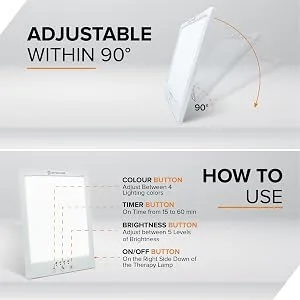 ZenoCare Light Therapy Lamp UV-Free LED 12000 Lux Adjustable Brightness Level 4 Colors Choices Build-in Timer Sunlight Simulation - adjustable stand therapy lamp