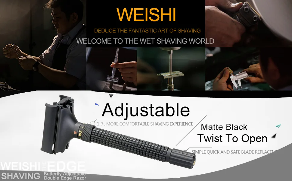 WEISHI Safety Razor Matte Black Butterfly Open Double Edge Adjustable Razor Matte Black - weishi