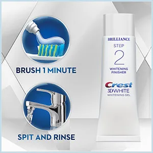 Crest 3D White Brilliance 2 Step Kit, Deep Clean Toothpaste (4oz) + Teeth Whitening Gel (2.3oz) - Brush 1 minute. Spit and rinse.
