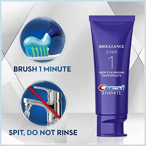 Crest 3D White Brilliance 2 Step Kit, Deep Clean Toothpaste (4oz) + Teeth Whitening Gel (2.3oz) - Brush 1 minute. Spit, do not rinse.