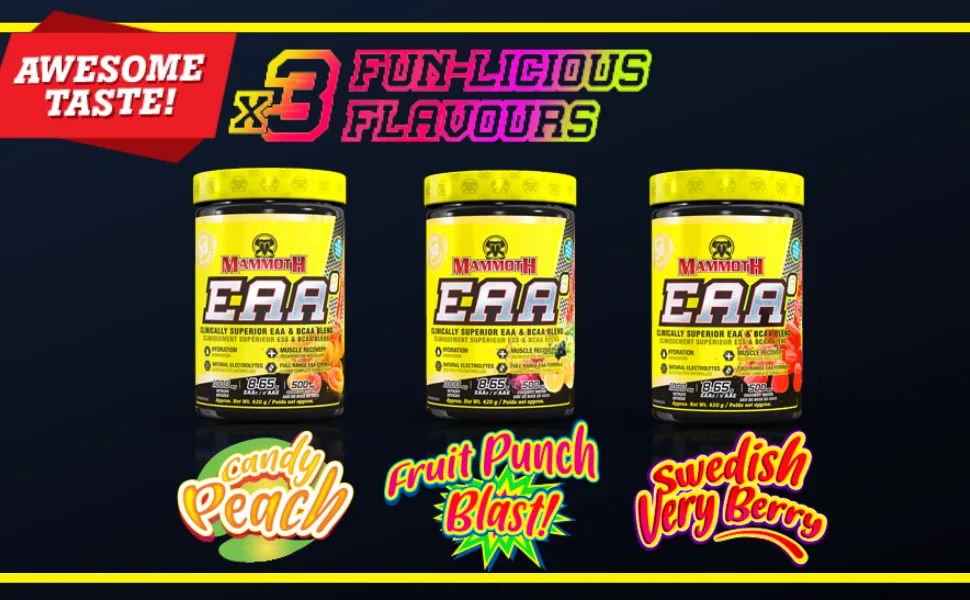 Mammoth EAA9 Performance EAA + BCAA Formula Full Spectrum EAAs 6g BCAA Blend High Leucine for Muscle Recovery Electrolytes: Coconut Water + Himalayan Sea Salt Sugar Free Zero Calorie 30 Servings 30 servings Fruit Punch Blast 390 gram - Mammoth EAA