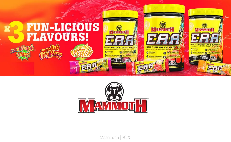 Mammoth EAA9 Performance EAA + BCAA Formula Full Spectrum EAAs 6g BCAA Blend High Leucine for Muscle Recovery Electrolytes: Coconut Water + Himalayan Sea Salt Sugar Free Zero Calorie 30 Servings 30 servings Fruit Punch Blast 390 gram - Mammoth EAA