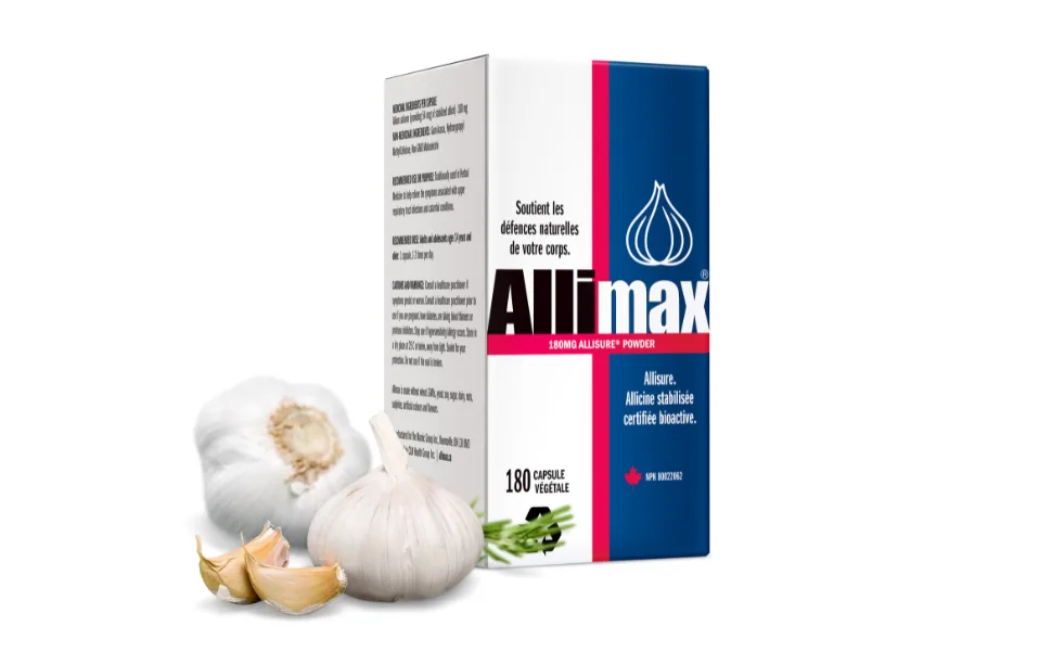 ALLIMAX Capsules 180mg 30 Capsules - Allimax 180 box with garlic bulbs